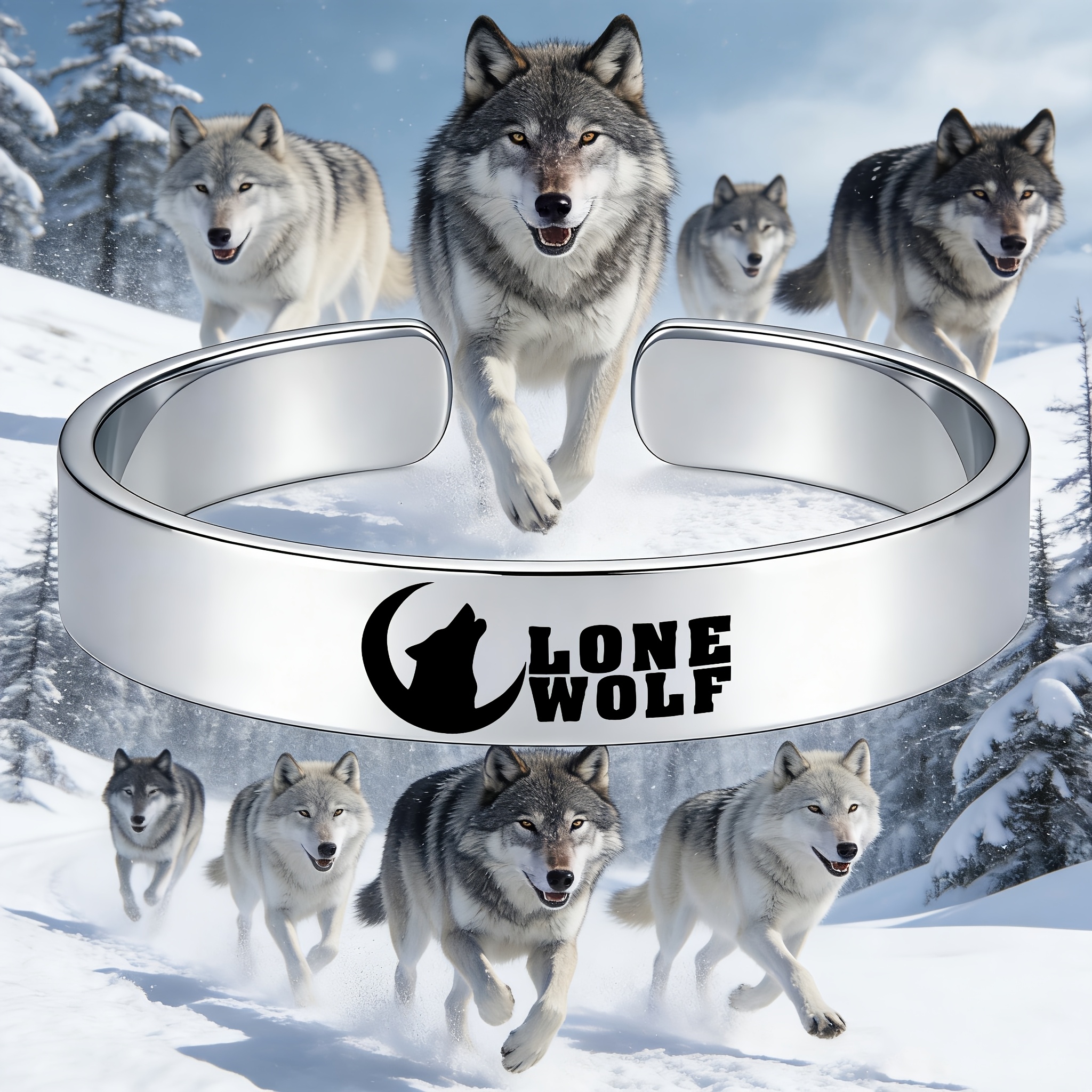 Men's 304 Stainless Steel Lone Wolf Open Bangle, Rugged Style